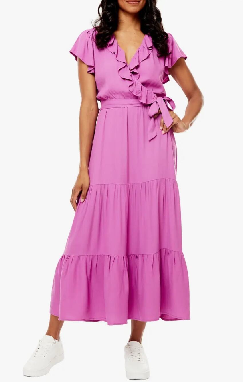 Love by Design Tiered Maxi Dress Medium Orchid Pink Ruffle V-Neck Preppy Marilyn